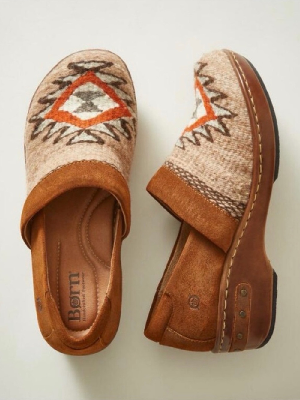 Born x Sundance Bailie Brown/Glazed Ginger Aztec Wool & Suede Platform Clogs 10